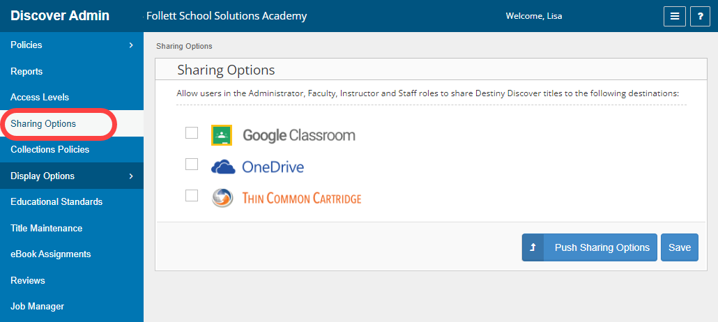 Destiny Admin with Sharing Options highlighted.